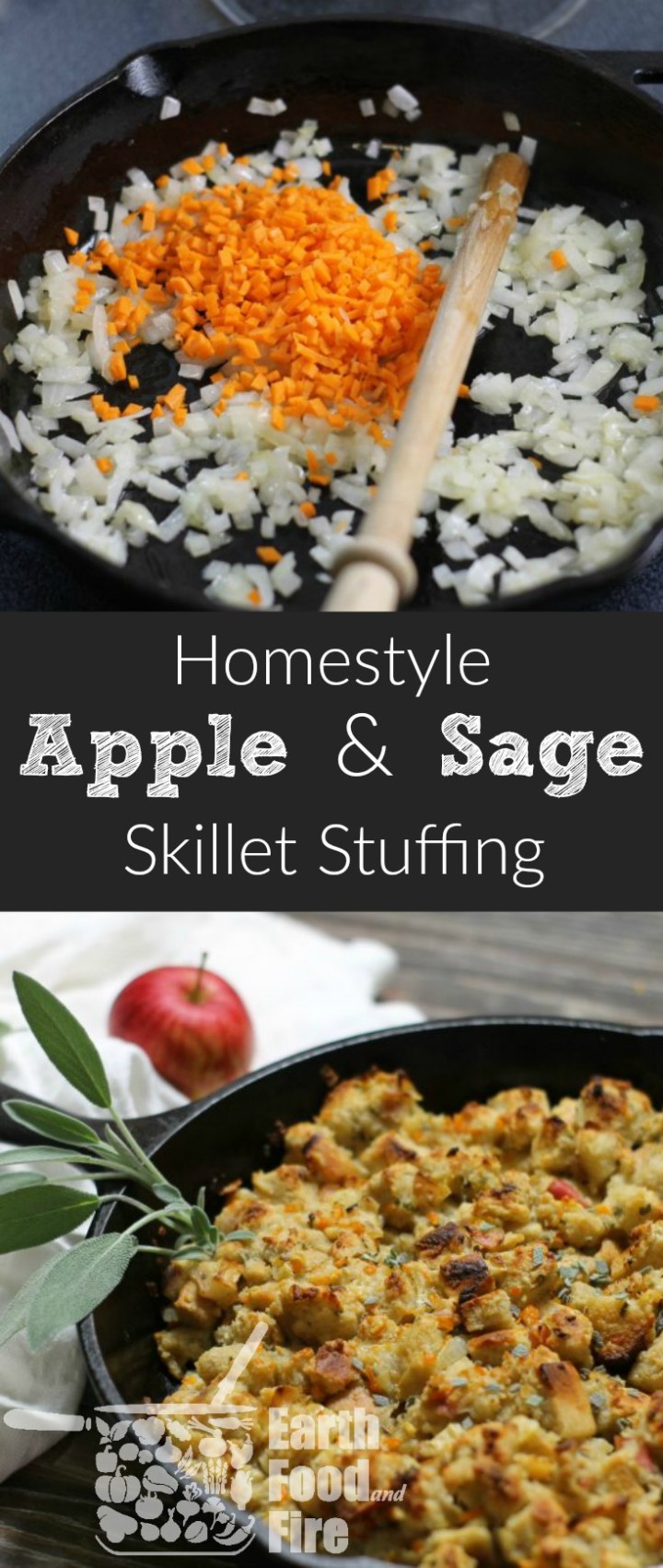 Easy to make, moist, and full of flavor, this apple and sage stuffing cooked in a cast iron skillet will become your new favorite dressing recipe! #skillet #stuffing #dressing #thanksgiving #apple