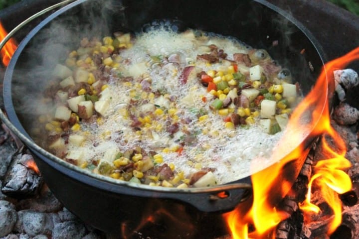 de-glazing a pot of corn chowder by adding beer to it