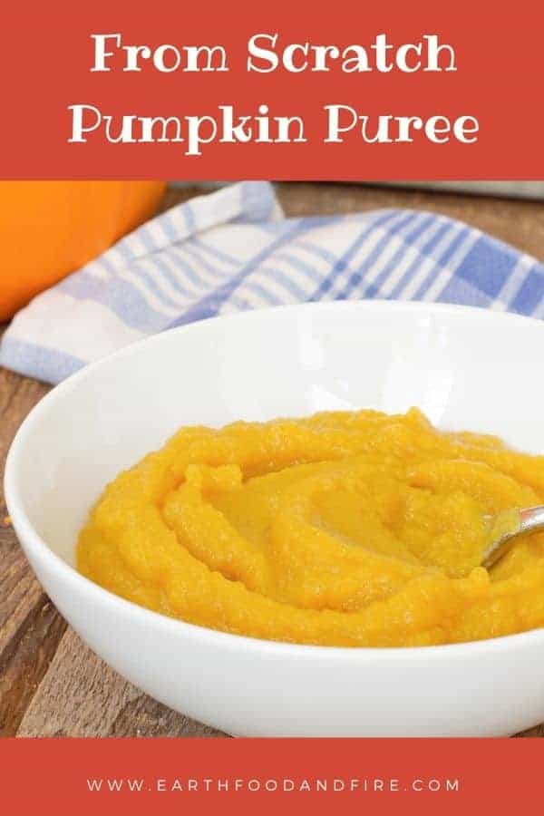pinterest image with a text banner of pumpkin puree in a white bowl