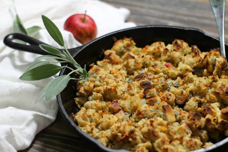 Easy to make, moist, and full of flavor, this apple and sage stuffing cooked in a cast iron skillet will become your new favorite dressing!
