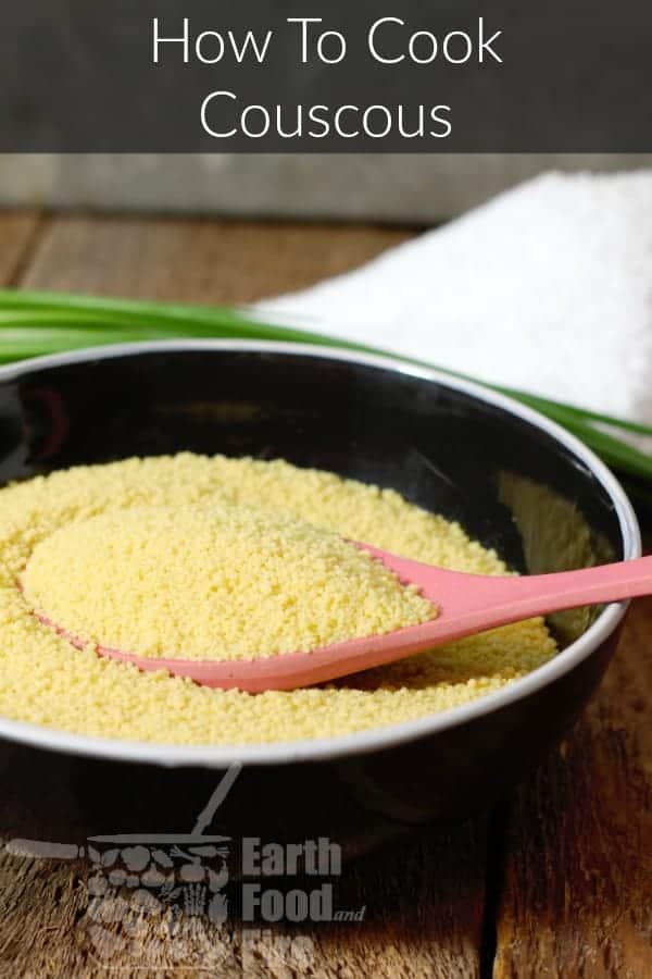 vertical pinterest image of a bowl of uncooked couscous overlaid with a banner