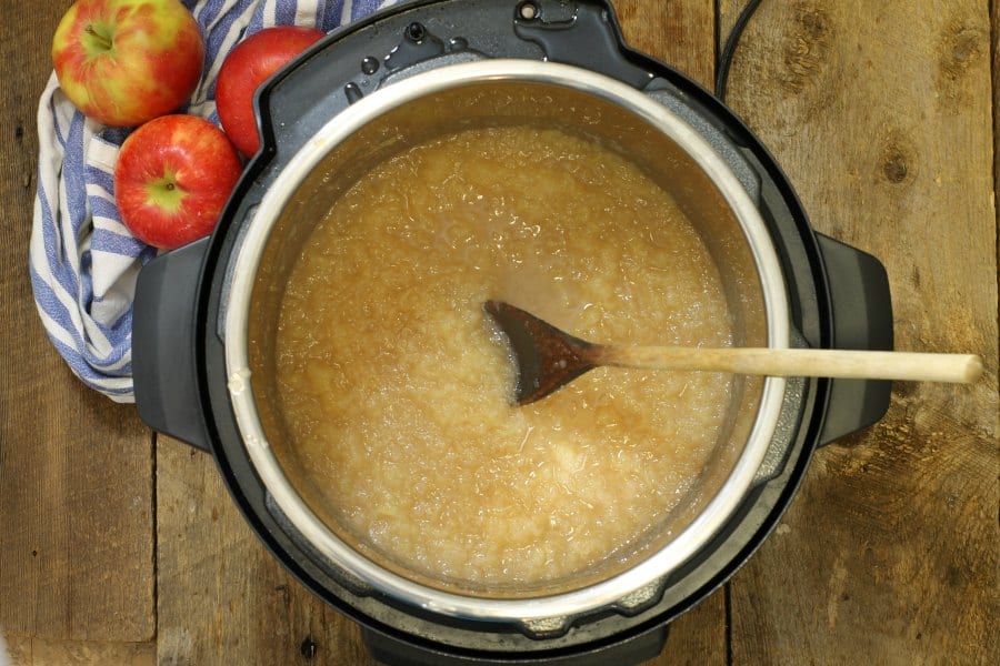 a top down view of an open instant pot filled with instant pot applesauce