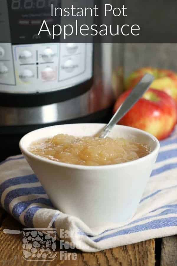 vertical image of instant pot applesauce in a white dish with text across the top
