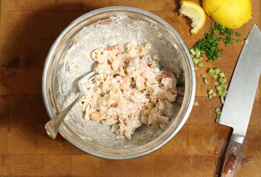 Fresh lobster mixed with mayo, lemon juice, and celery for lobster rolls