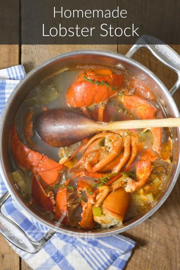 vertical pinterest image of lobster stock in a steel pot overlaid with a banner