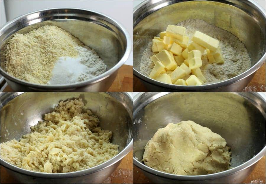 a series of images showing how to mix the ingredients to make vanillekipferl cookies.