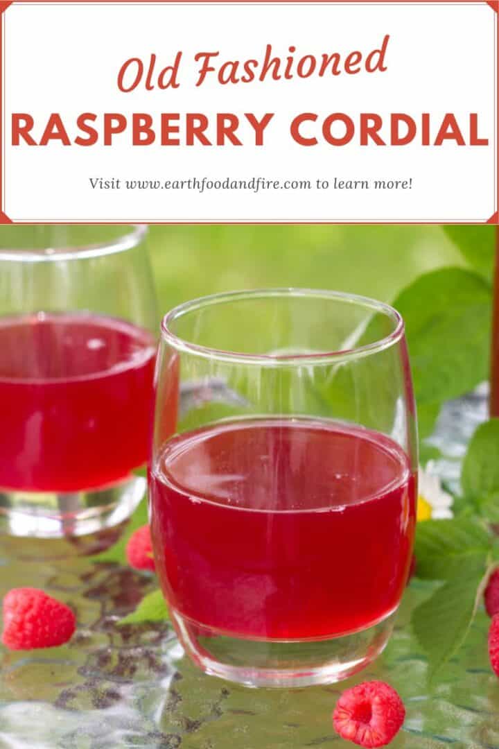 a pinterest pin image of a close up shot of raspberry cordial in a short glass, with the banner 'old fashioned raspberry cordial' across the top of the image.
