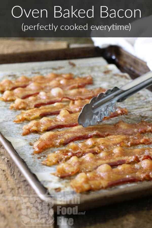 pinterest image with abnner of oven baked bacon strips on a sheet pan
