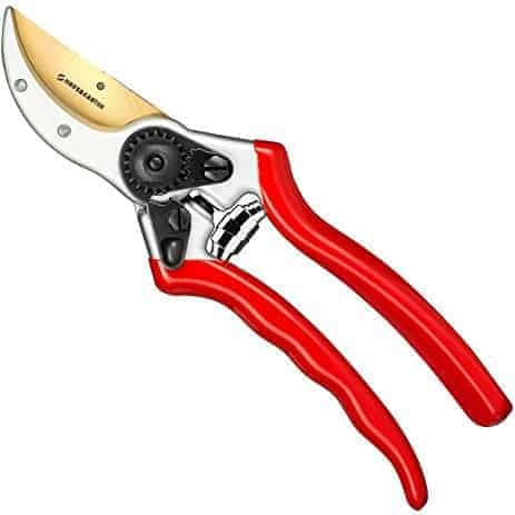red handled pruning shears on a white background