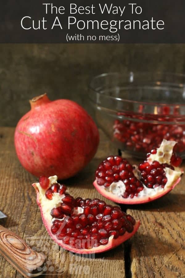 pinterest image of freshly cut pomegranate with a banner reading 