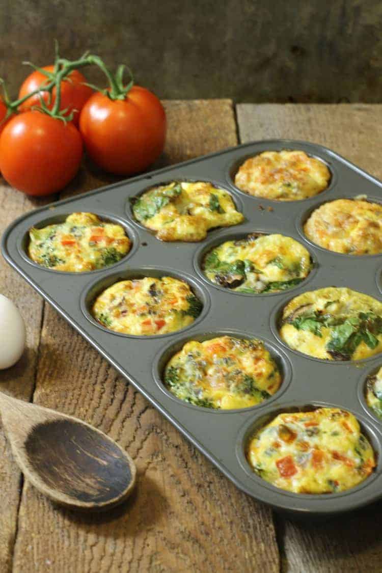 # varations of breakfast egg muffins in a 12 cup muffin tin 