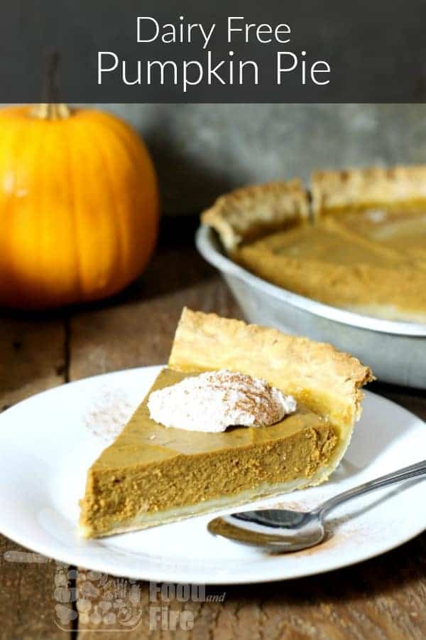 vertical pinterest image of a slice of dairy free pumpkin pie with a banner of text at the top
